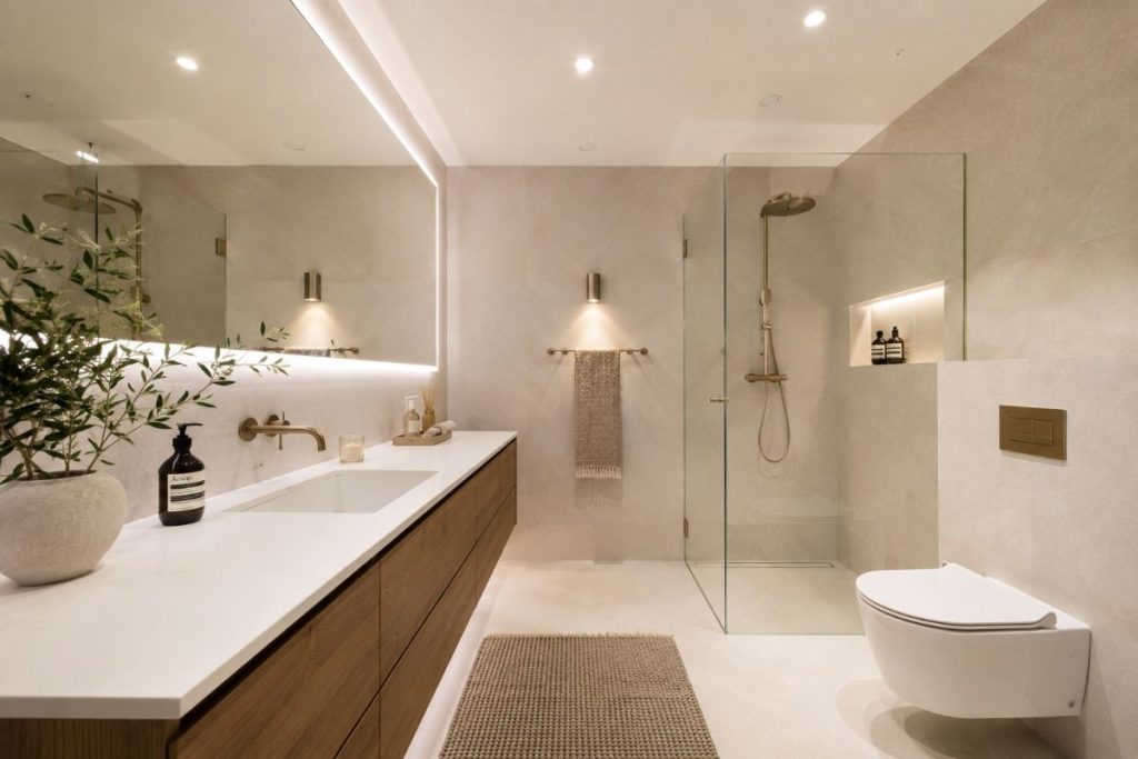 Lyst bad uten vindu med LED-speil, spotlights og lyse flater som reflekterer lyset i rommet.