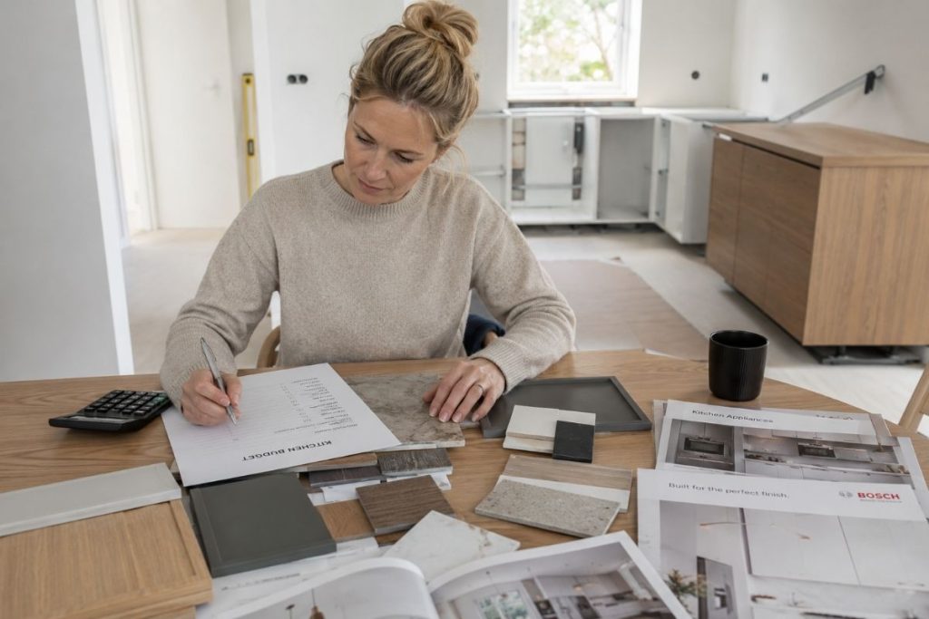 Planlegging av nytt kjøkken med budsjett, materialprøver, skapfronter og hvitevarebrosjyrer på bordet.
